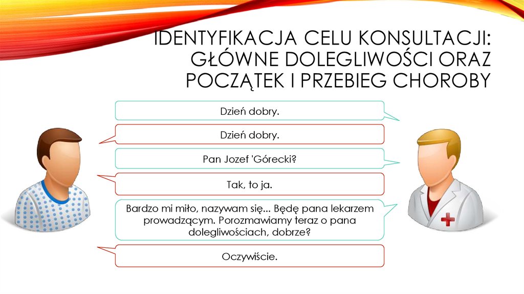 Identyfikacja celu konsultacji: główne dolegliwości oraz początek i przebieg choroby