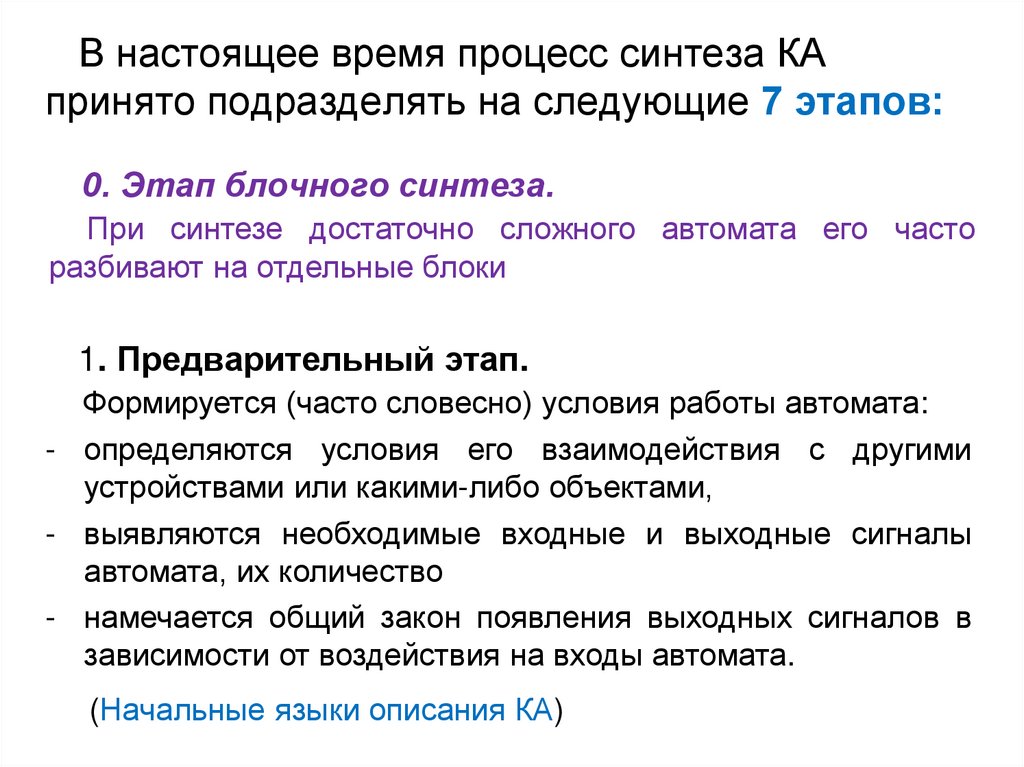 В настоящее время процесс синтеза КА принято подразделять на следующие 7 этапов: