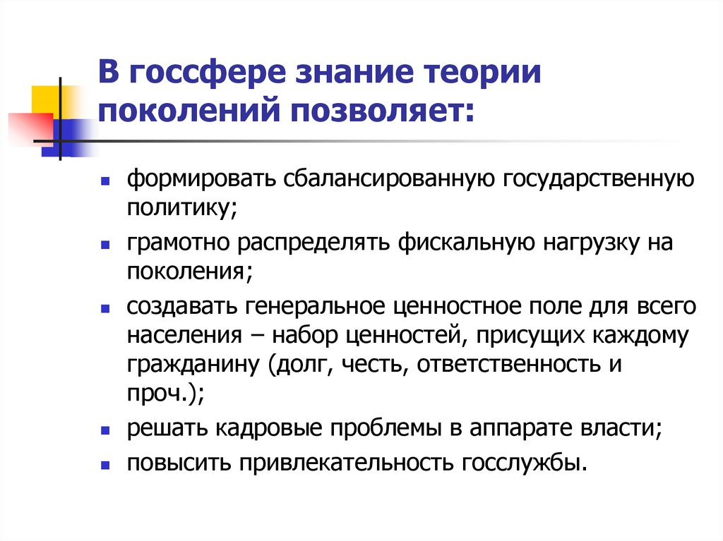 В госсфере знание теории поколений позволяет: