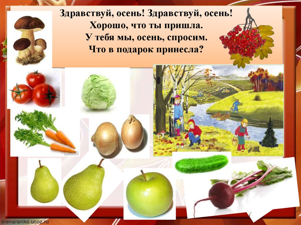 Здравствуй, осень! Здравствуй, осень! Хорошо, что ты пришла. У тебя мы, осень, спросим. Что в подарок принесла?
