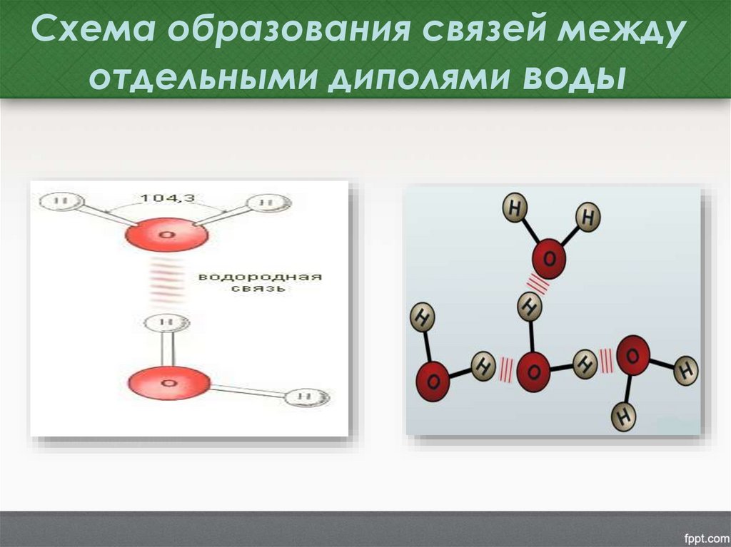 Схема образования связей между отдельными диполями воды