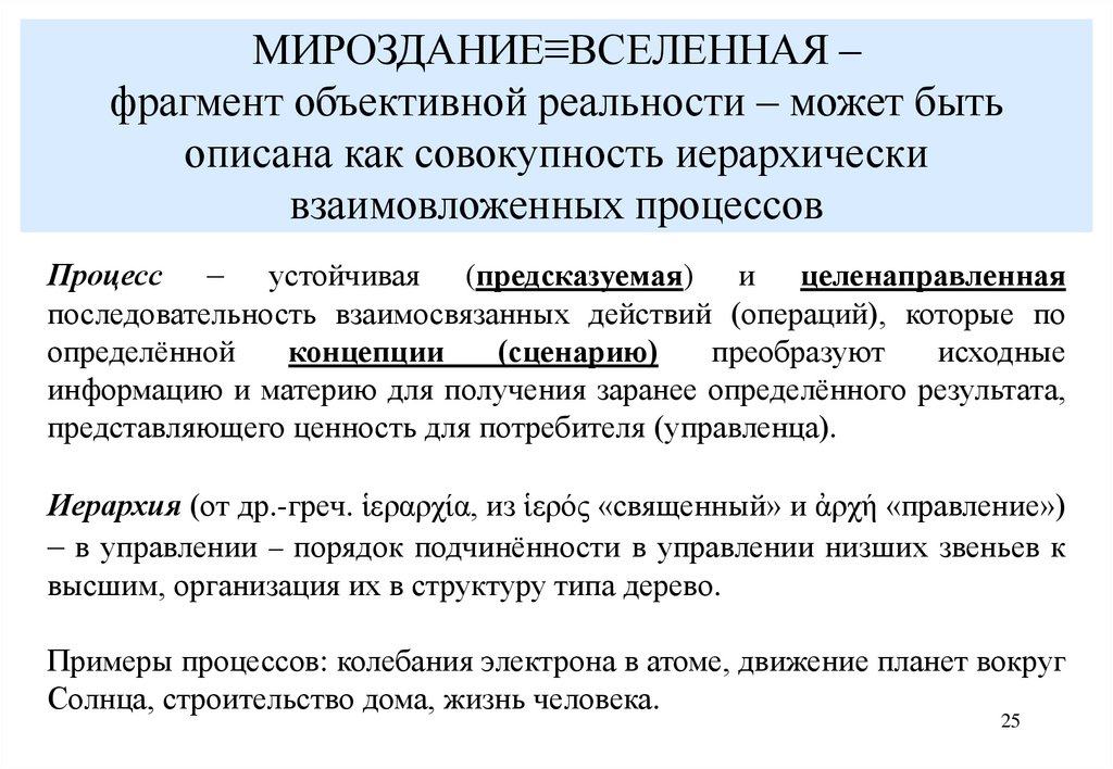 МИРОЗДАНИЕ≡ВСЕЛЕННАЯ – фрагмент объективной реальности – может быть описана как совокупность иерархически взаимовложенных