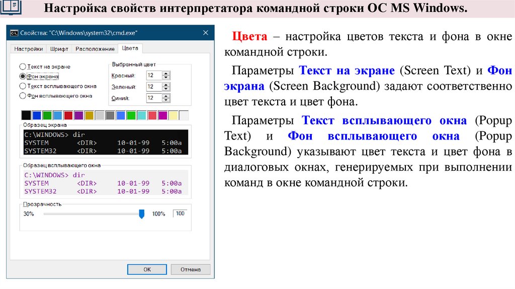 Настройка свойств интерпретатора командной строки ОС MS Windows.