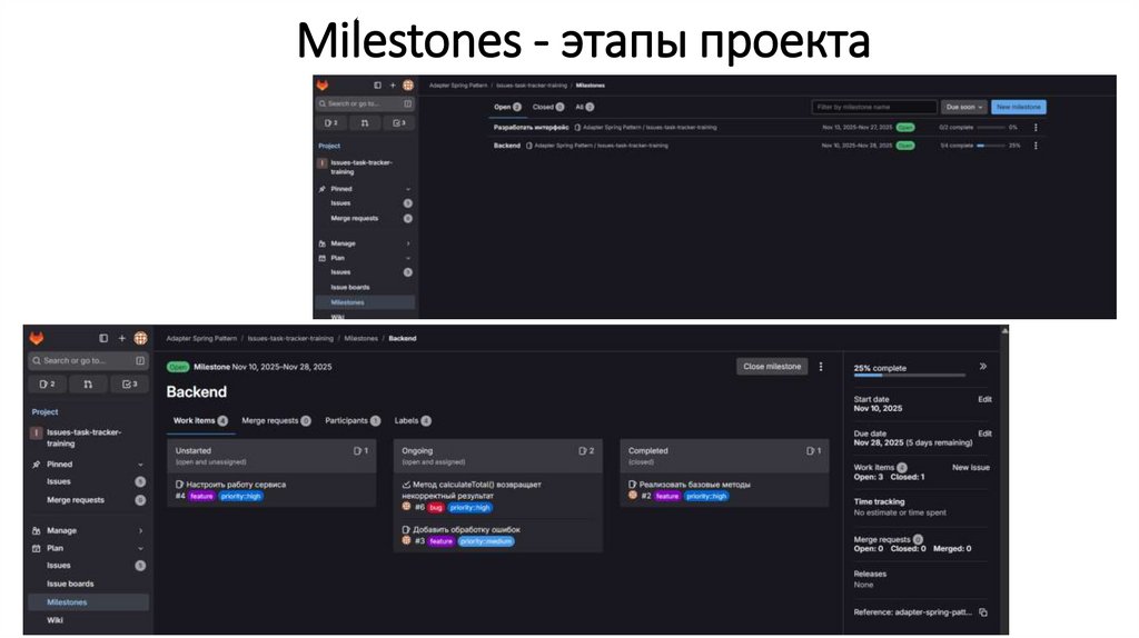 Milestones - этапы проекта