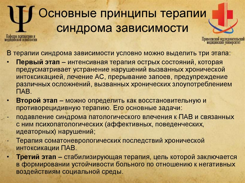 Основные принципы терапии синдрома зависимости