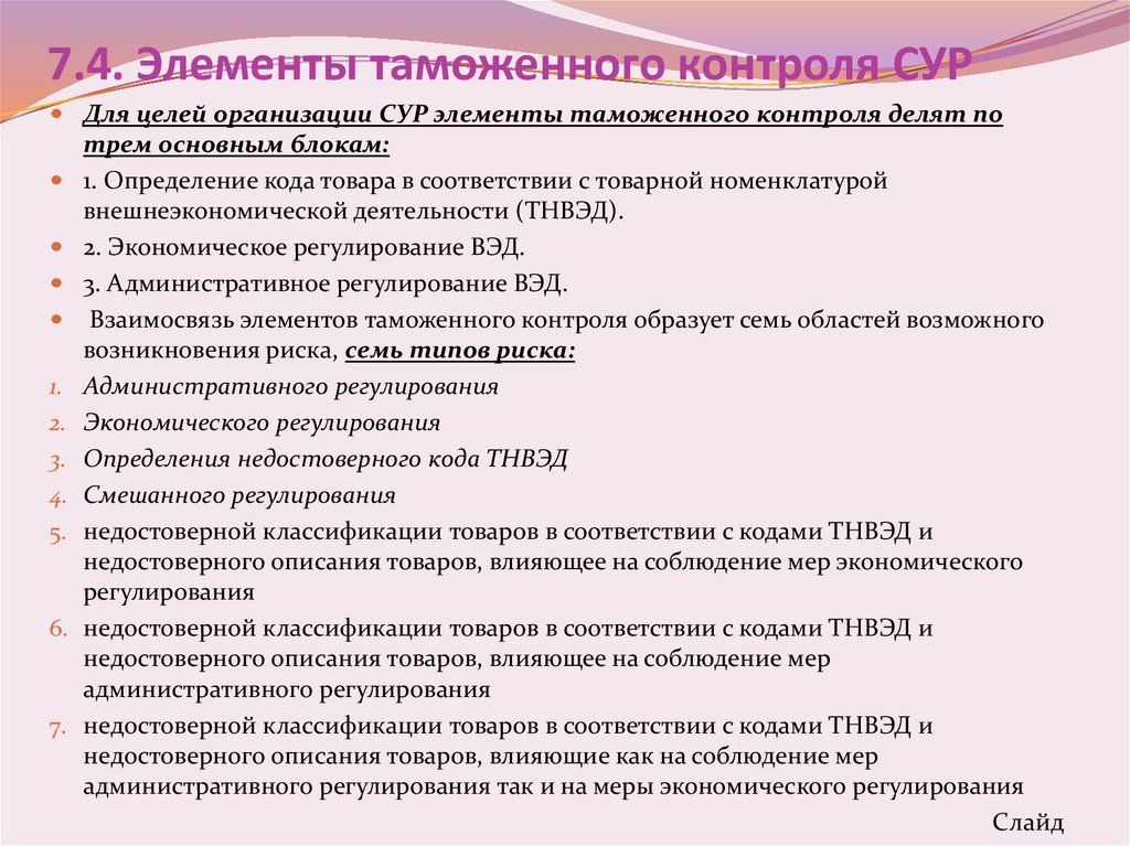 7.4. Элементы таможенного контроля СУР