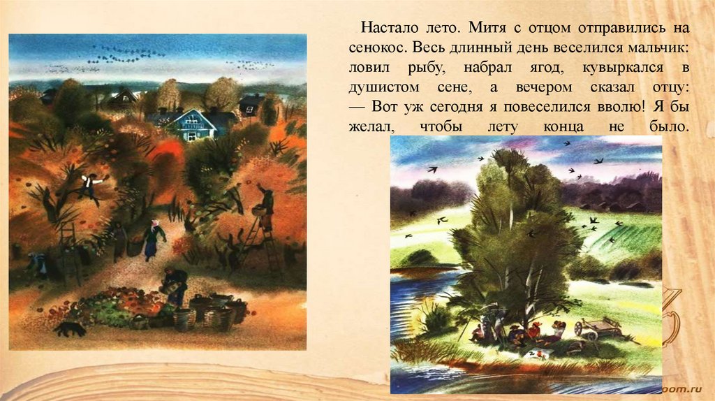 Настало лето. Митя с отцом отправились на сенокос. Весь длинный день веселился мальчик: ловил рыбу, набрал ягод, кувыркался в