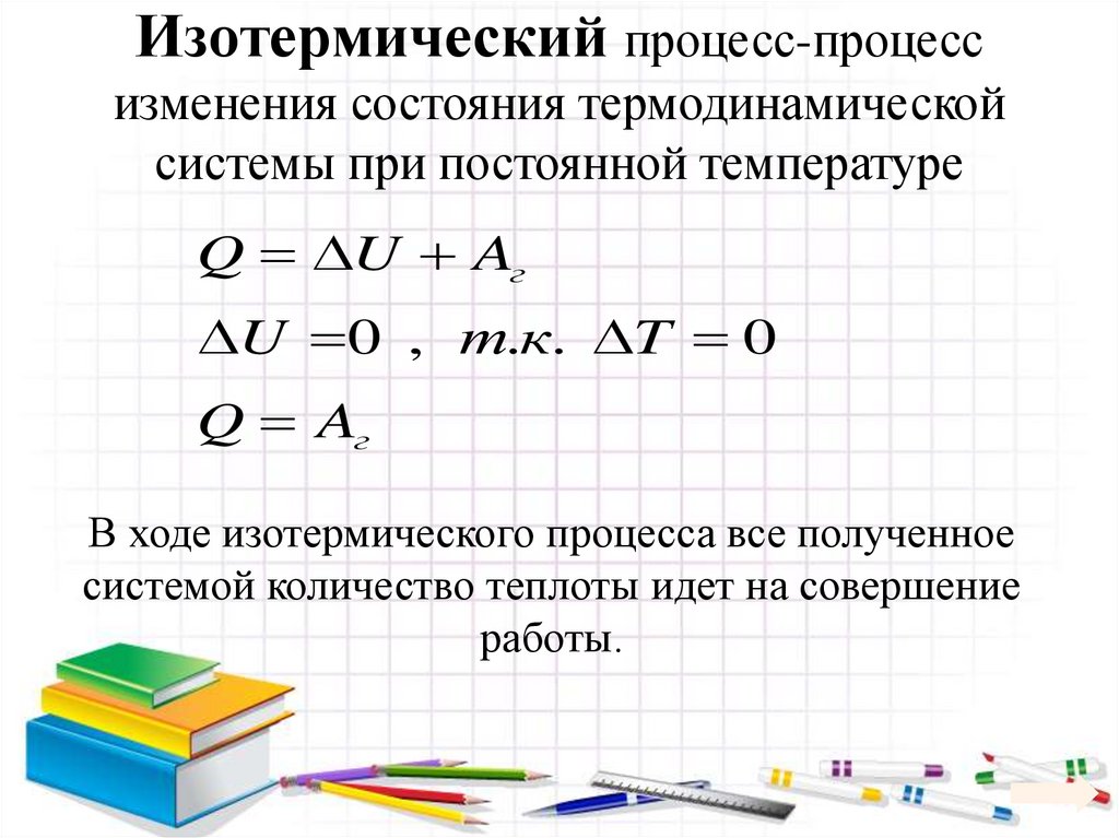 Изотермический процесс-процесс изменения состояния термодинамической системы при постоянной температуре