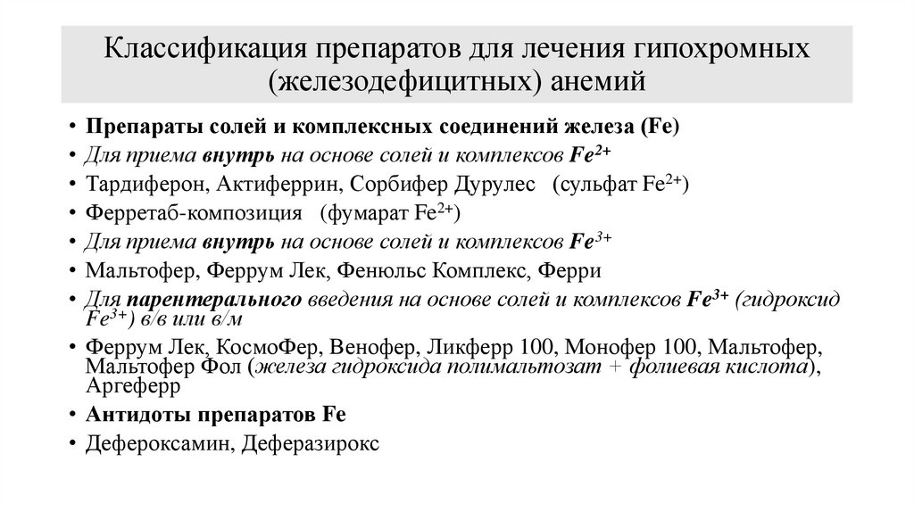 Классификация препаратов для лечения гипохромных (железодефицитных) анемий