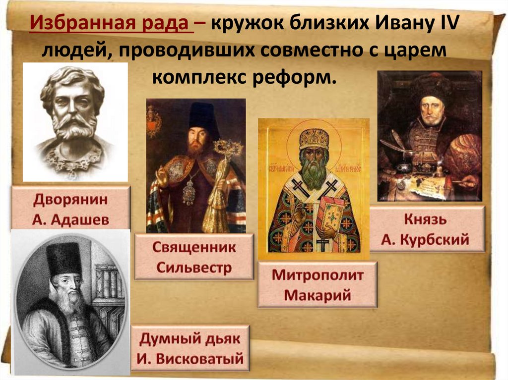Избранная рада – кружок близких Ивану IV людей, проводивших совместно с царем комплекс реформ.