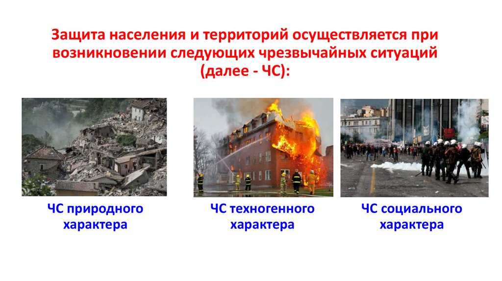 Защита населения и территорий осуществляется при возникновении следующих чрезвычайных ситуаций (далее - ЧС):