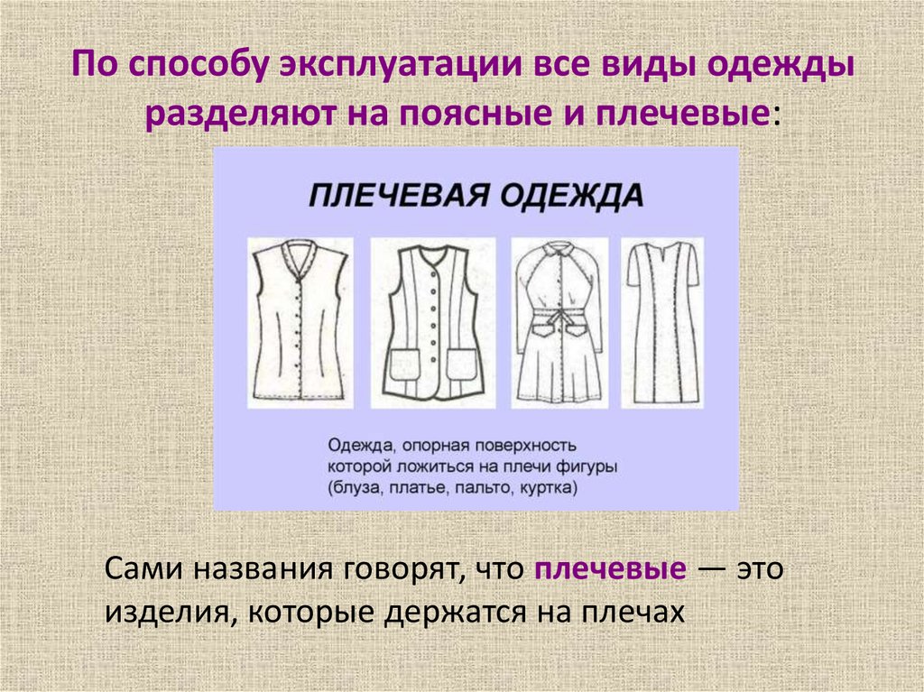 По способу эксплуатации все виды одежды разделяют на поясные и плечевые: