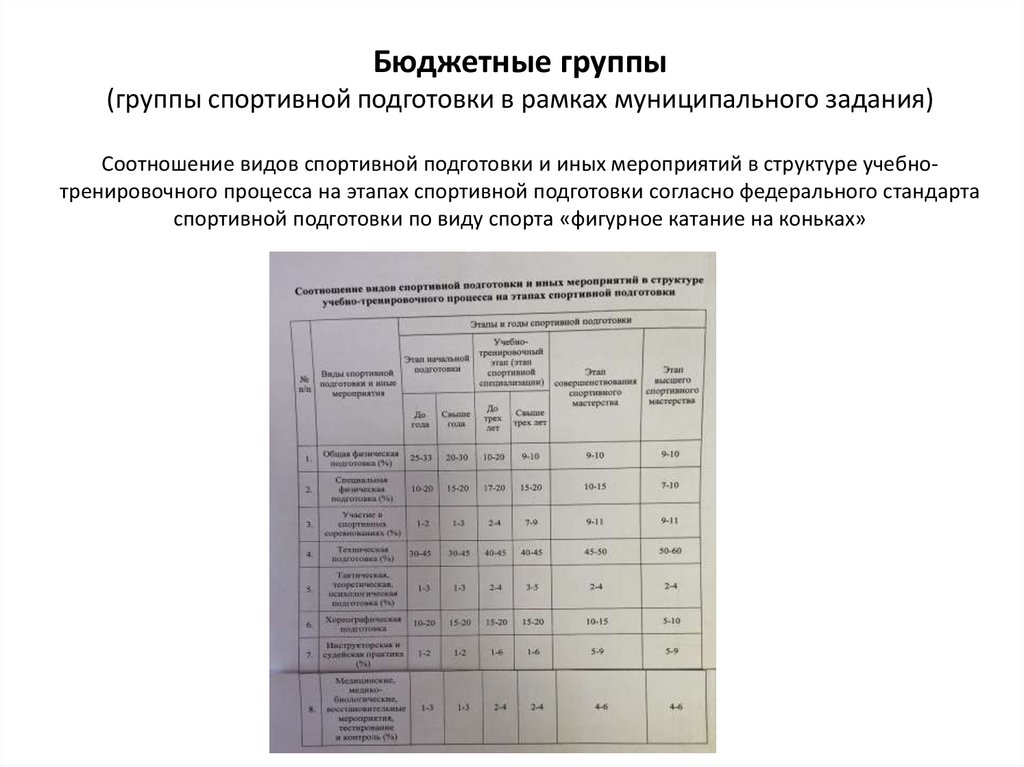 Бюджетные группы (группы спортивной подготовки в рамках муниципального задания) Соотношение видов спортивной подготовки и иных