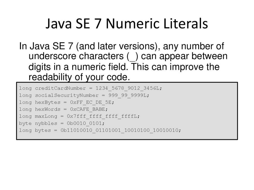 Java SE 7 Numeric Literals