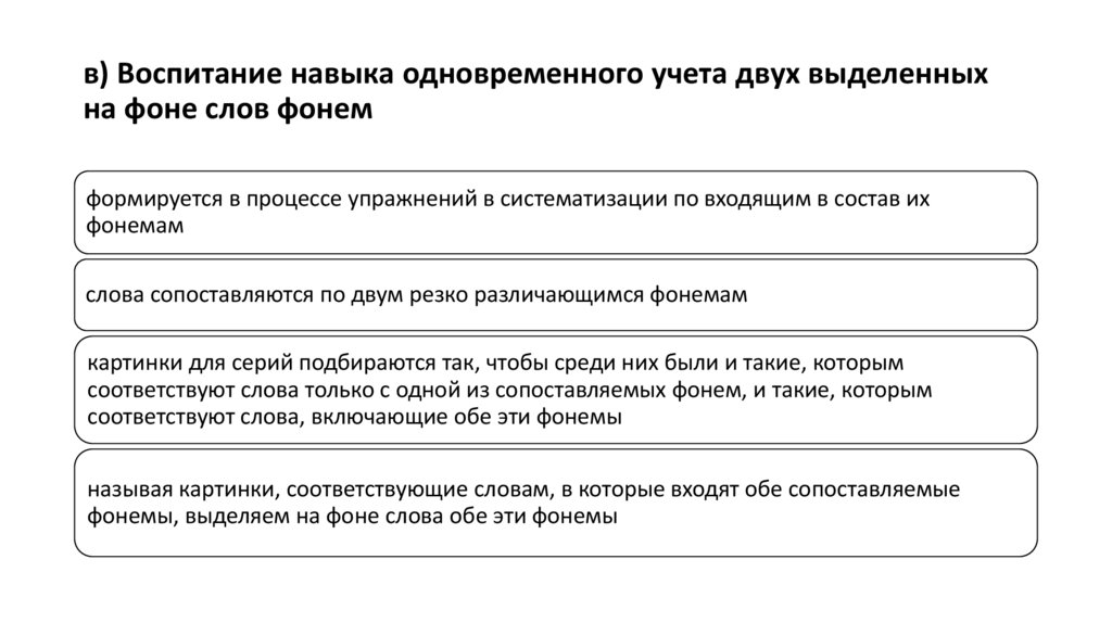 в) Воспитание навыка одновременного учета двух выделенных на фоне слов фонем