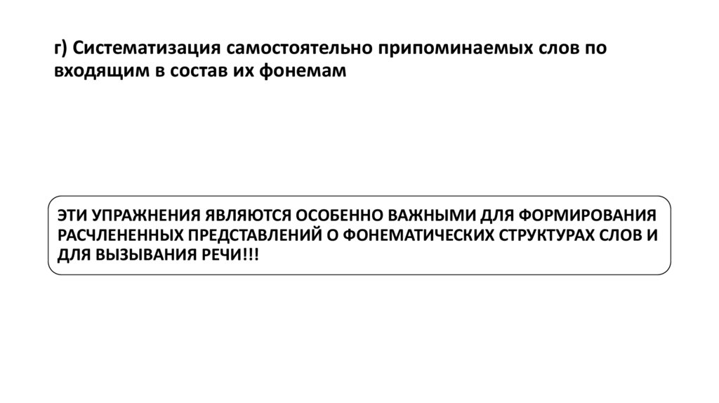 г) Систематизация самостоятельно припоминаемых слов по входящим в состав их фонемам