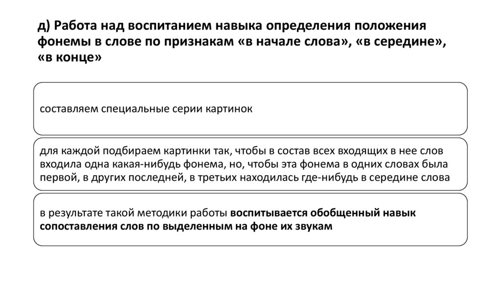 д) Работа над воспитанием навыка определения положения фонемы в слове по признакам «в начале слова», «в середине», «в конце»