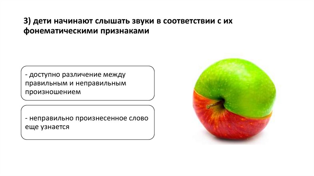 3) дети начинают слышать звуки в соответствии с их фонематическими признаками