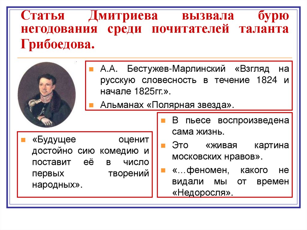 Статья Дмитриева вызвала бурю негодования среди почитателей таланта Грибоедова.