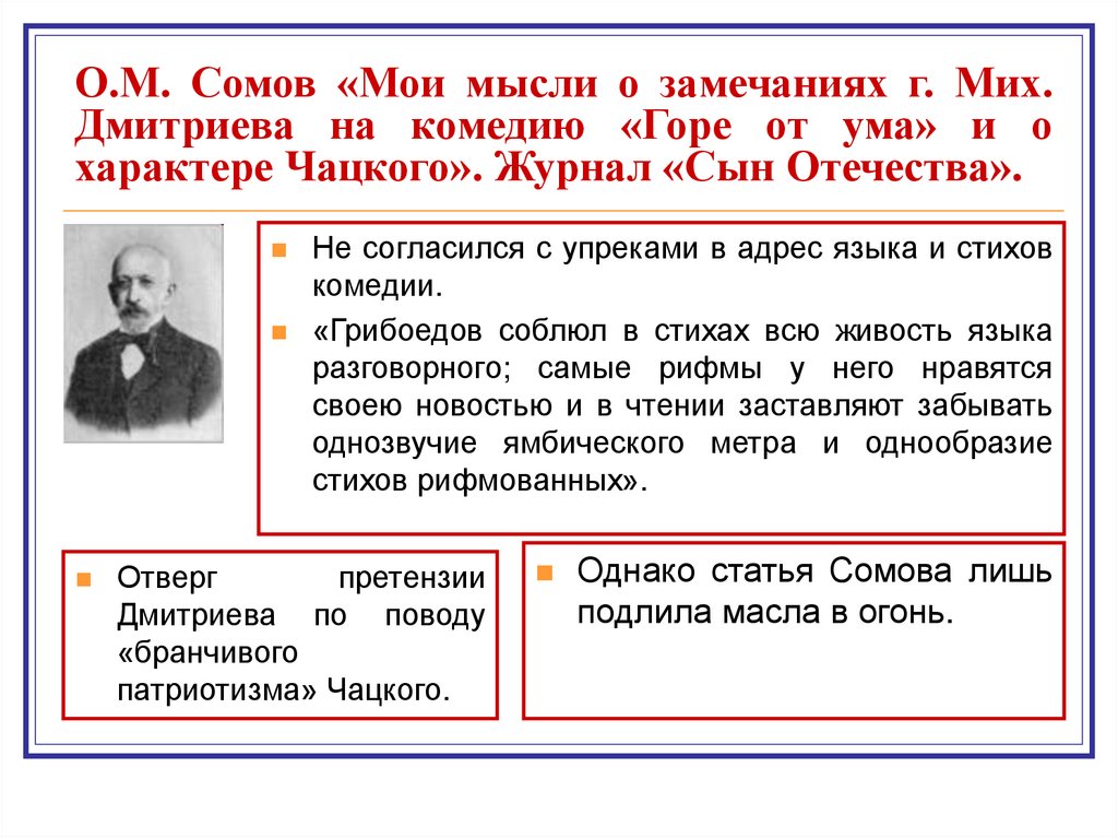 О.М. Сомов «Мои мысли о замечаниях г. Мих. Дмитриева на комедию «Горе от ума» и о характере Чацкого». Журнал «Сын Отечества».