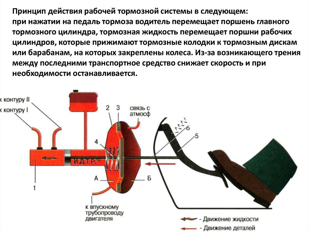 Принцип действия рабочей тормозной системы в следующем: при нажатии на педаль тормоза водитель перемещает поршень главного