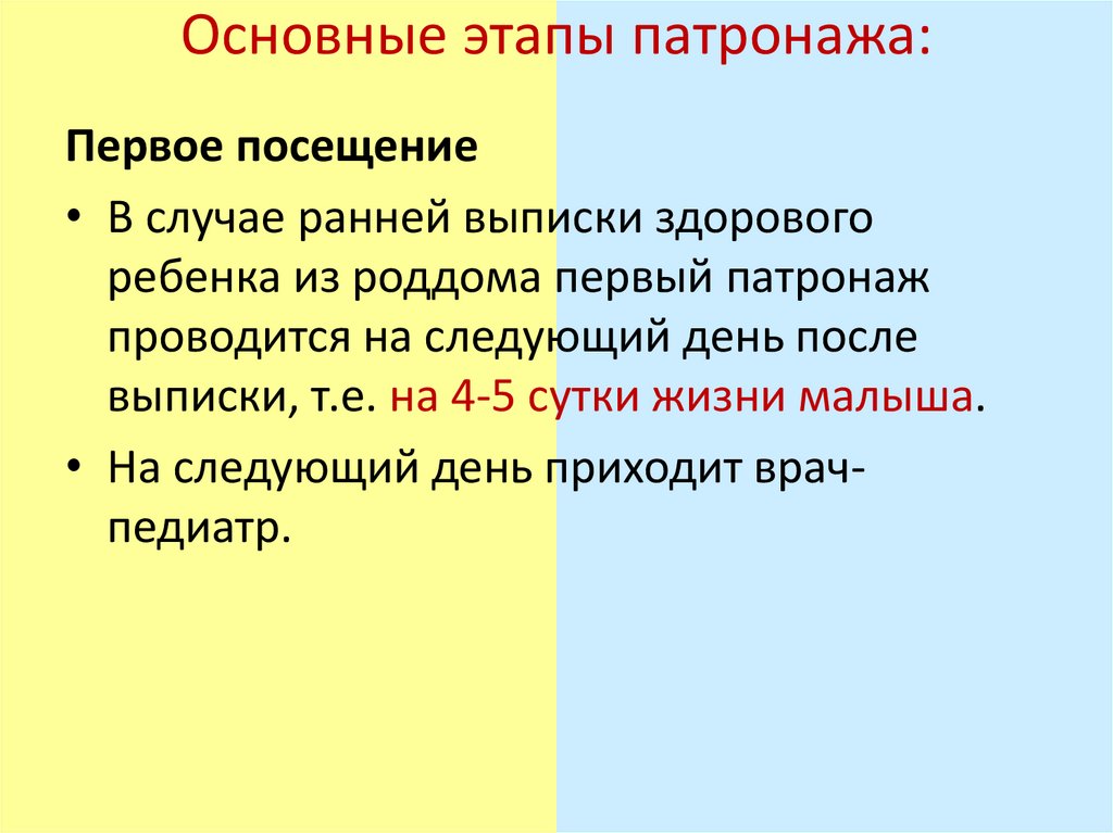 Основные этапы патронажа: