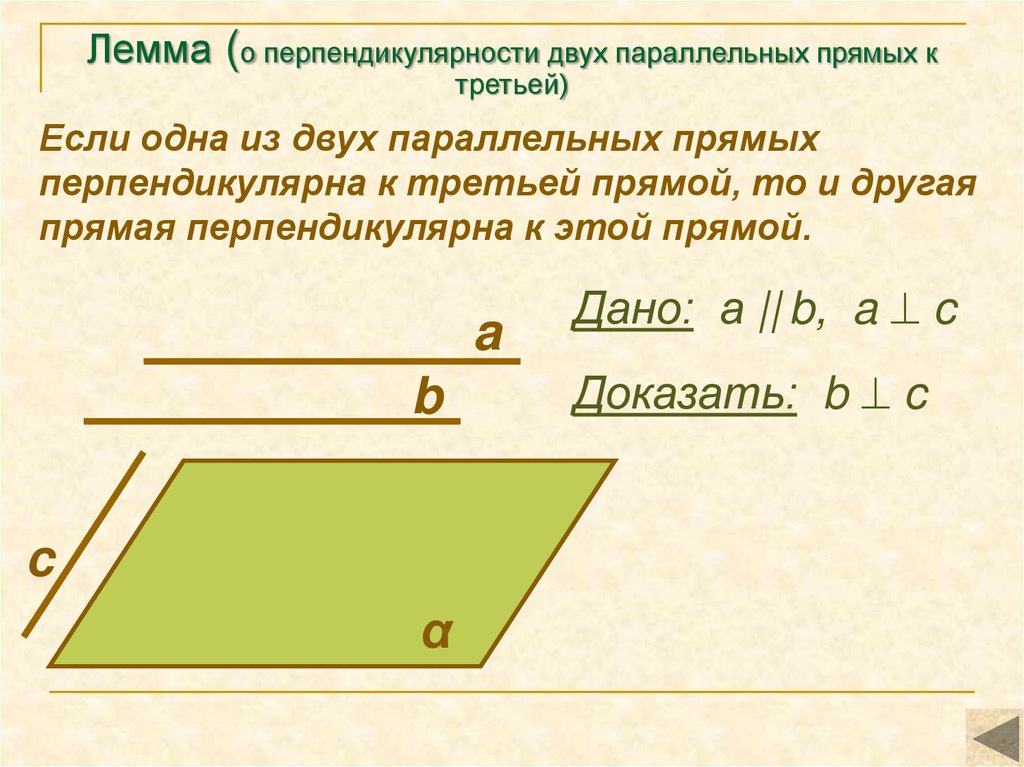 Лемма (о перпендикулярности двух параллельных прямых к третьей)