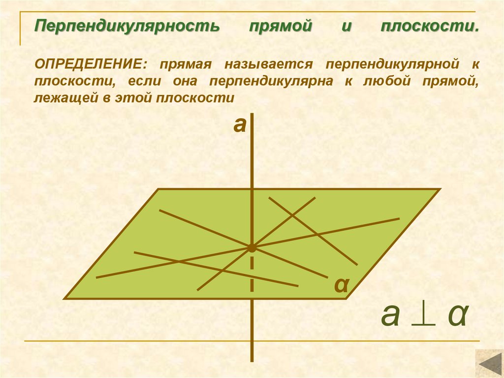 Перпендикулярность прямой и плоскости. ОПРЕДЕЛЕНИЕ: прямая называется перпендикулярной к плоскости, если она перпендикулярна к
