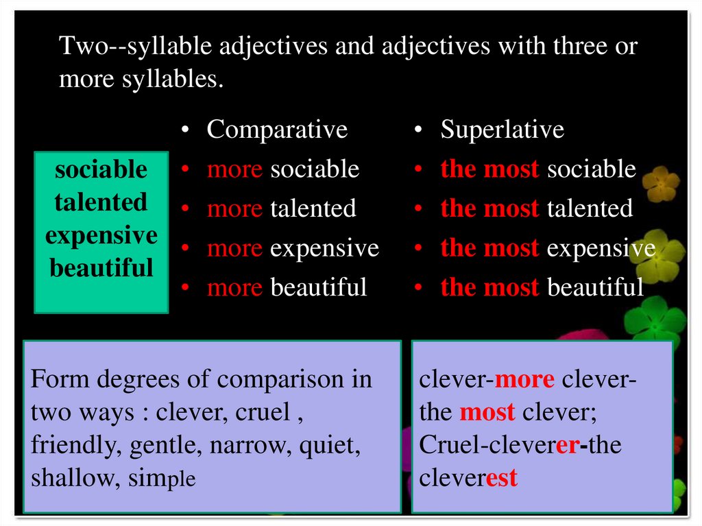 Two--syllable adjectives and adjectives with three or more syllables.