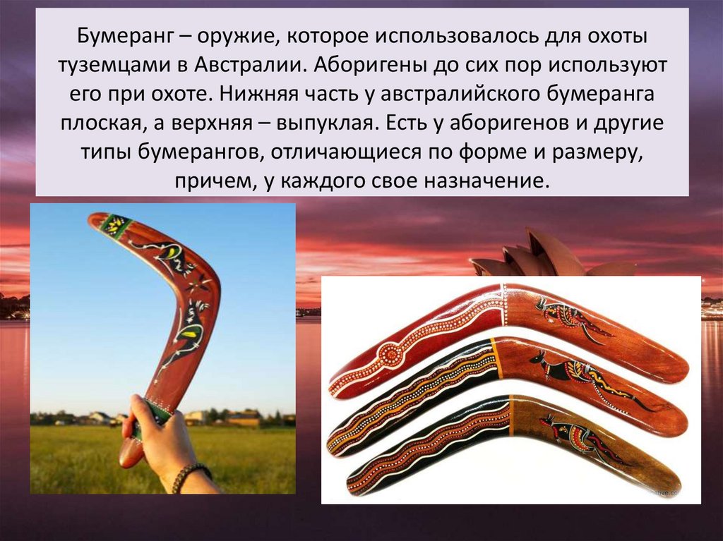 Бумеранг – оружие, которое использовалось для охоты туземцами в Австралии. Аборигены до сих пор используют его при охоте.
