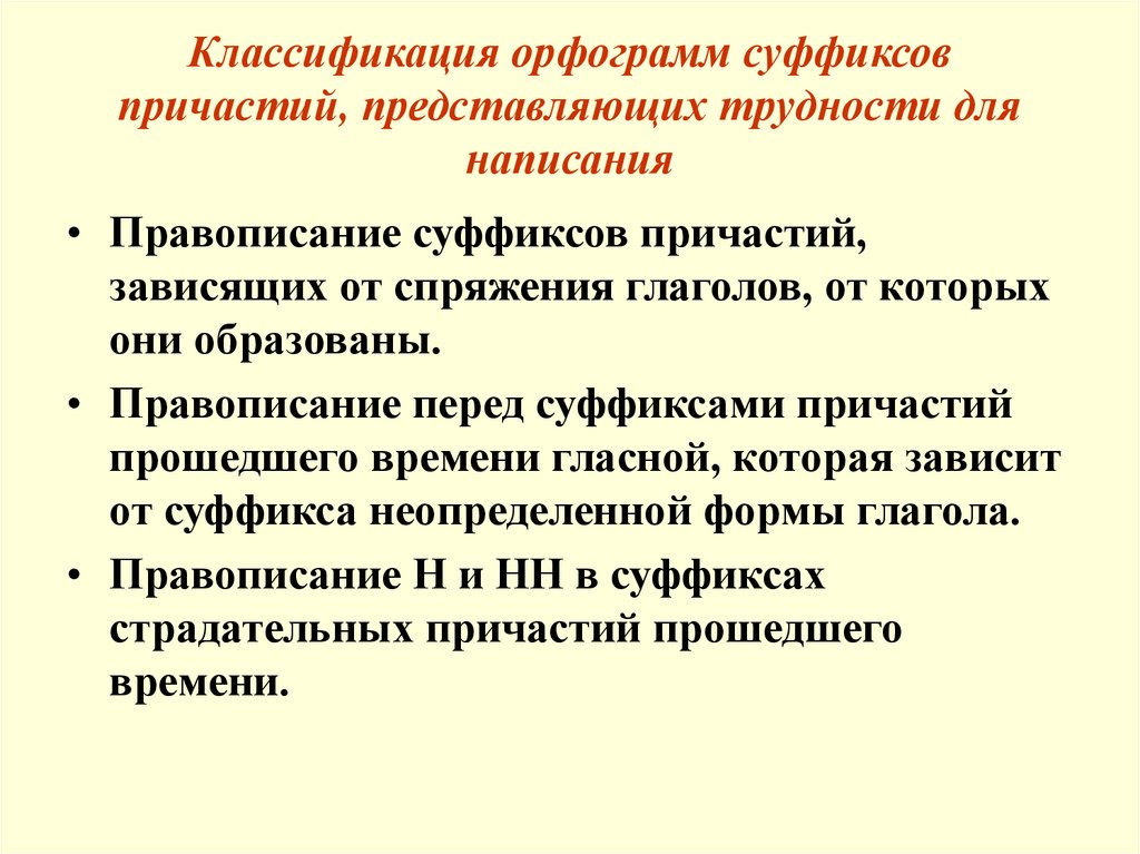 Классификация орфограмм суффиксов причастий, представляющих трудности для написания