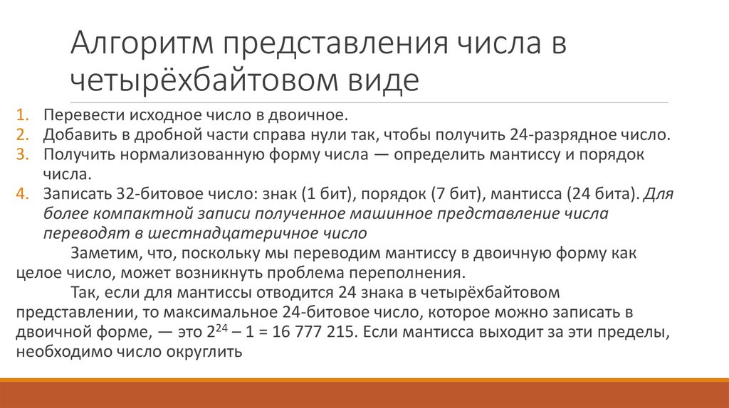 Алгоритм представления числа в четырёхбайтовом виде