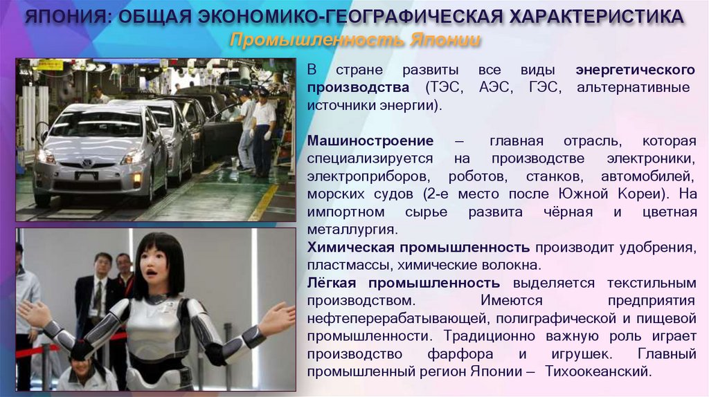 ЯПОНИЯ: ОБЩАЯ ЭКОНОМИКО-ГЕОГРАФИЧЕСКАЯ ХАРАКТЕРИСТИКА Промышленность Японии