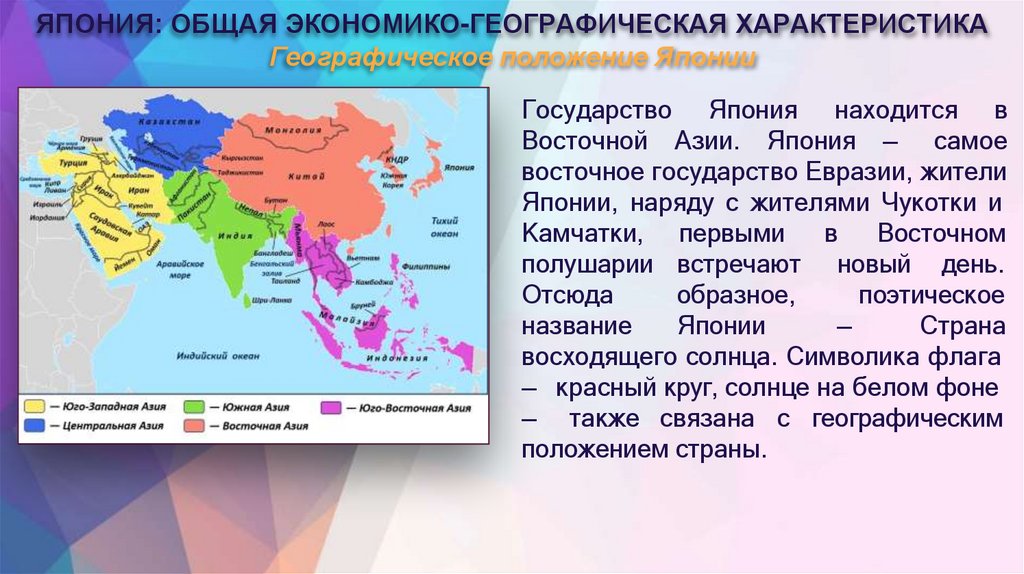 ЯПОНИЯ: ОБЩАЯ ЭКОНОМИКО-ГЕОГРАФИЧЕСКАЯ ХАРАКТЕРИСТИКА Географическое положение Японии