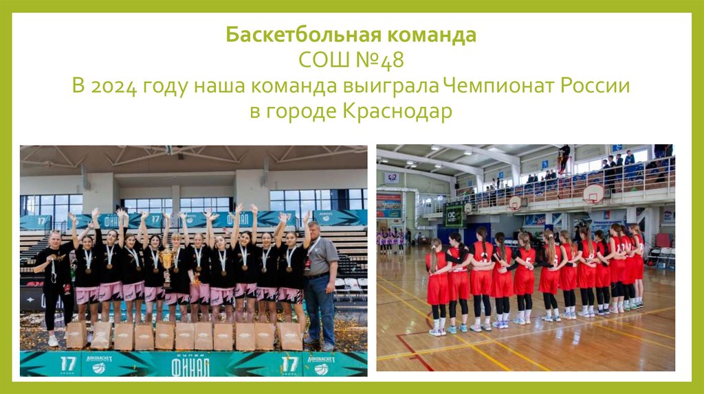 Баскетбольная команда СОШ №48 В 2024 году наша команда выиграла Чемпионат России в городе Краснодар