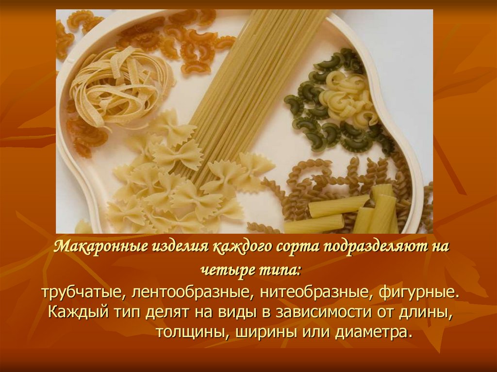Макаронные изделия каждого сорта подразделяют на четыре типа: трубчатые, лентообразные, нитеобразные, фигурные. Каждый тип