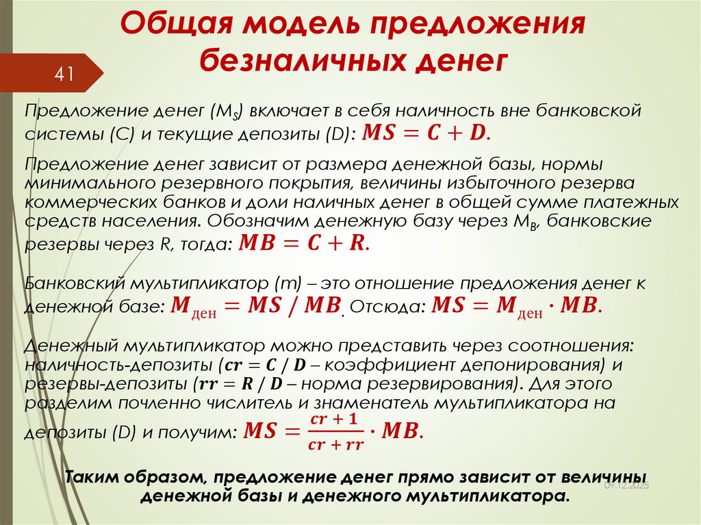 Общая модель предложения безналичных денег