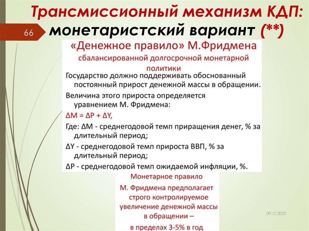 Трансмиссионный механизм КДП: монетаристский вариант (**)