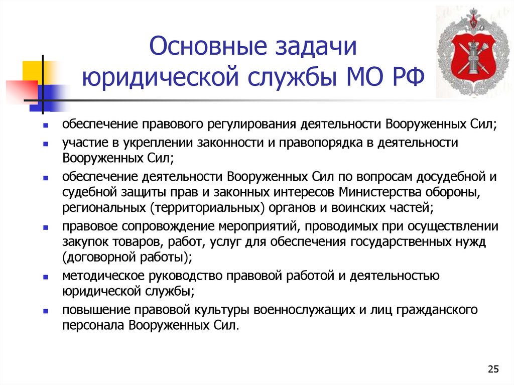 Основные задачи юридической службы МО РФ