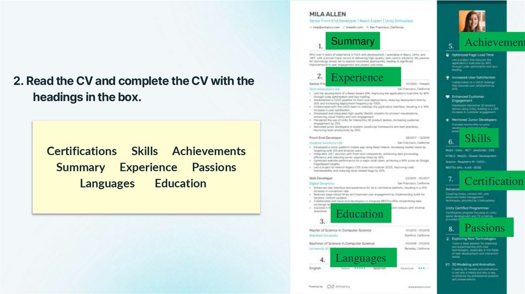 2. Read the CV and complete the CV with the headings in the box.