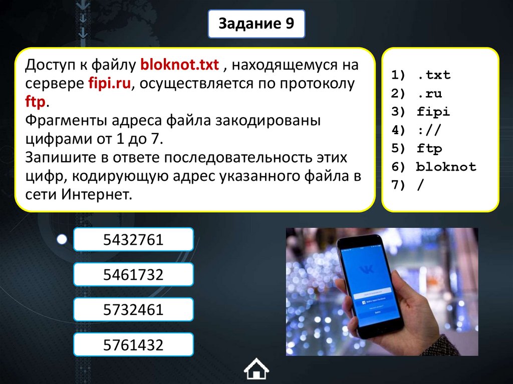 Доступ к файлу bloknot.txt , находящемуся на сервере fipi.ru, осуществляется по протоколу ftp. Фрагменты адреса файла