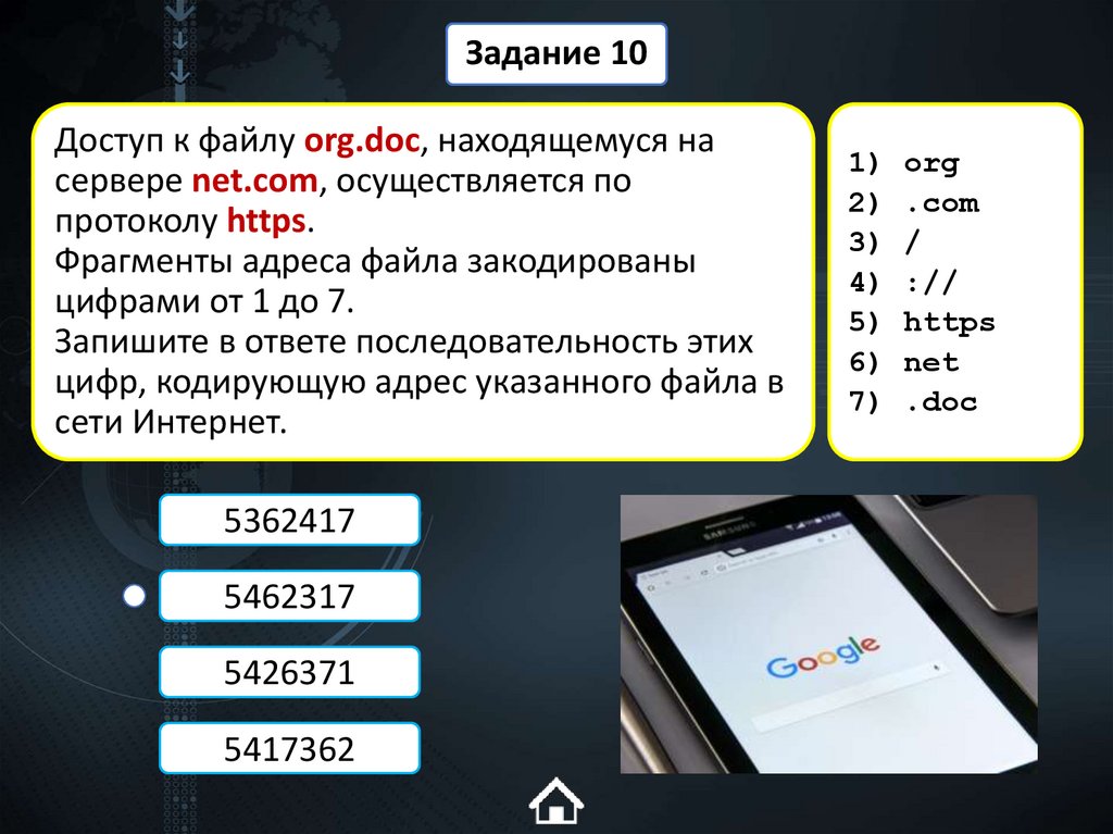 Доступ к файлу org.doc, находящемуся на сервере net.com, осуществляется по протоколу https. Фрагменты адреса файла закодированы