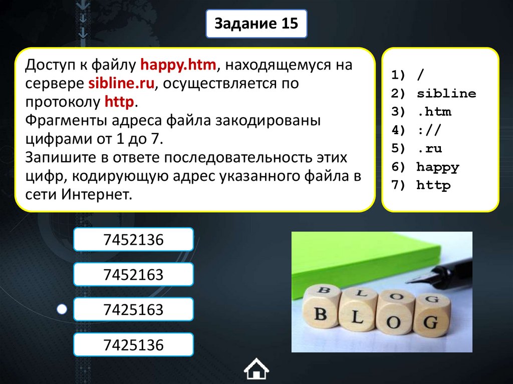 Доступ к файлу happy.htm, находящемуся на сервере sibline.ru, осуществляется по протоколу http. Фрагменты адреса файла