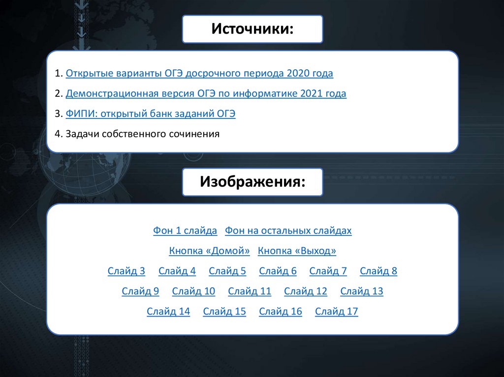 1. Открытые варианты ОГЭ досрочного периода 2020 года 2. Демонстрационная версия ОГЭ по информатике 2021 года 3. ФИПИ: открытый
