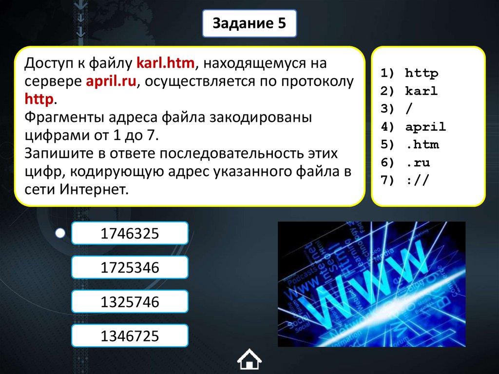 Доступ к файлу karl.htm, находящемуся на сервере april.ru, осуществляется по протоколу http. Фрагменты адреса файла