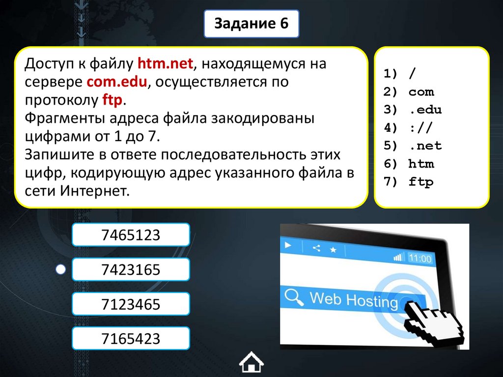 Доступ к файлу htm.net, находящемуся на сервере com.edu, осуществляется по протоколу ftp. Фрагменты адреса файла закодированы
