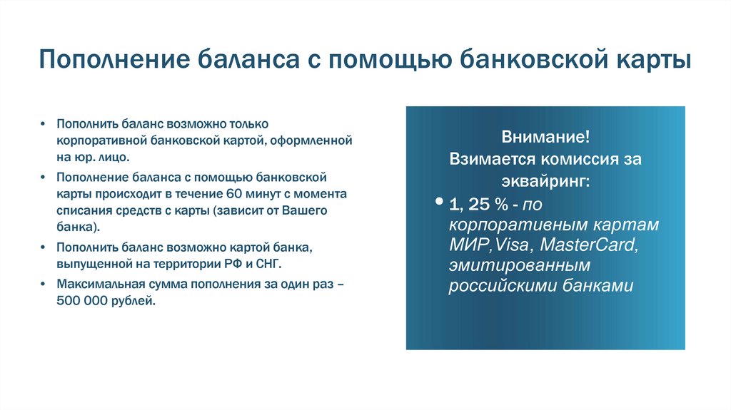 Пополнение баланса с помощью банковской карты