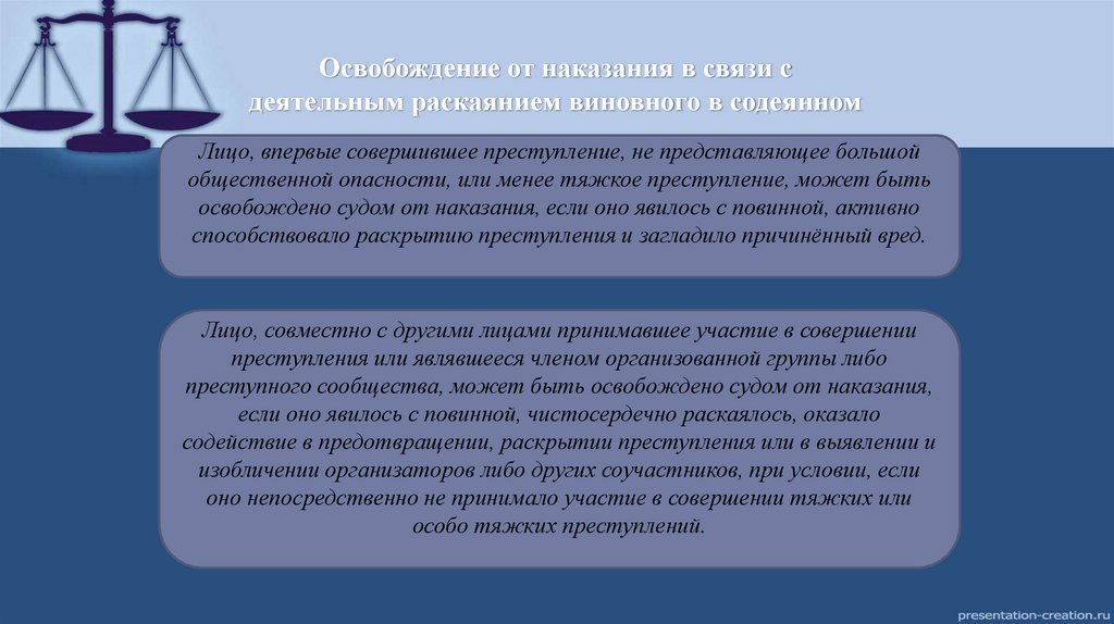 Освобождение от наказания в связи с деятельным раскаянием виновного в содеянном