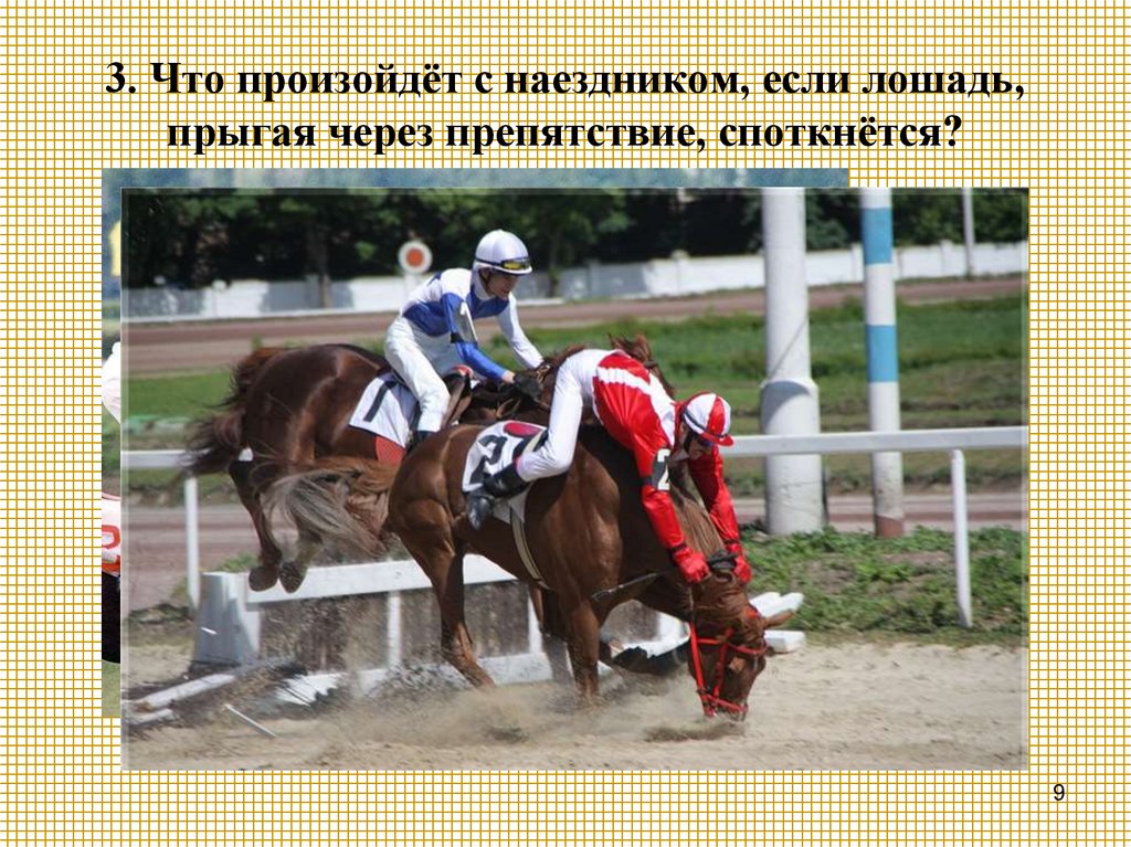 3. Что произойдёт с наездником, если лошадь, прыгая через препятствие, споткнётся?