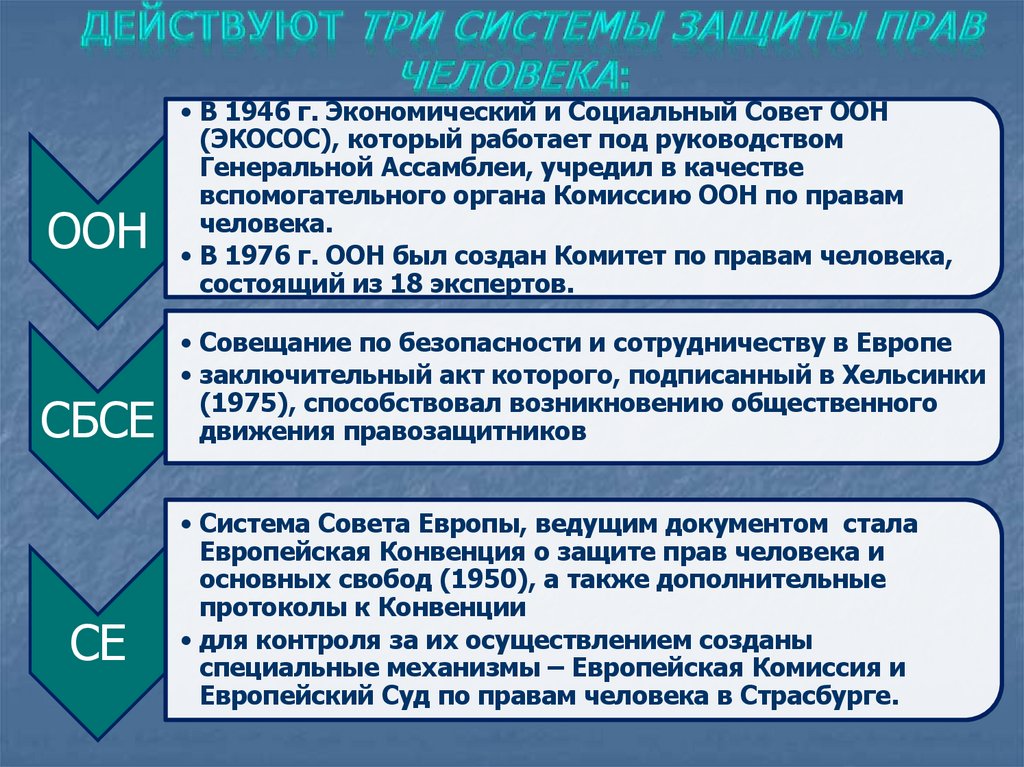    действуют три системы защиты прав человека: